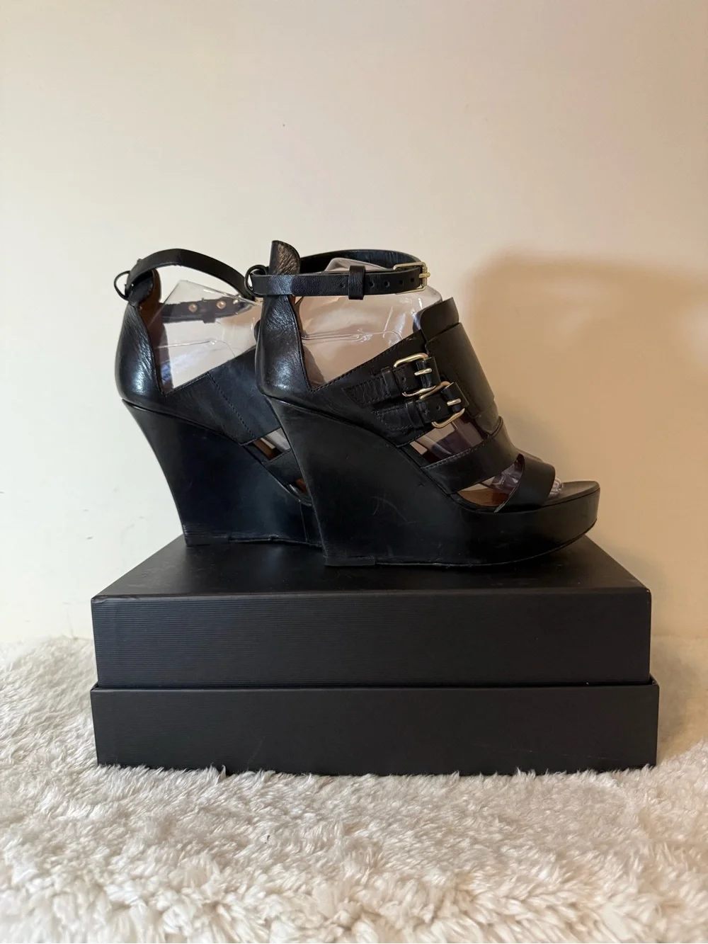 Givenchy Black Leather Strappy Wedge Sandals